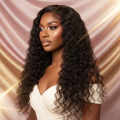 African American model wearing water wave lace front wig on luxury pink and gold background