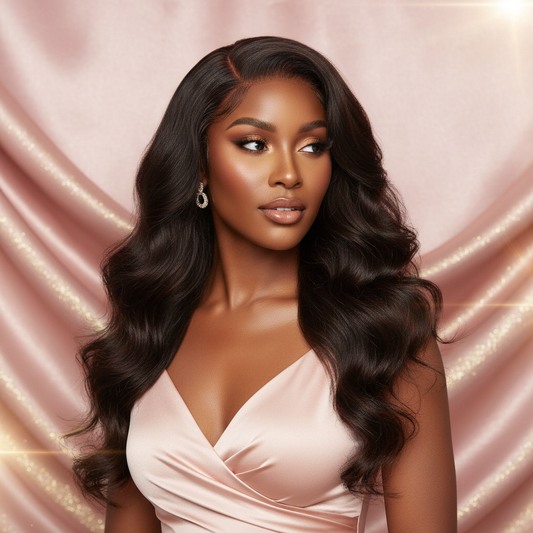 African American model wearing loose wave lace front wig on luxury pink and gold background
