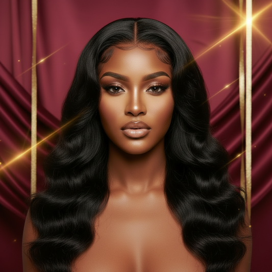 African American woman modeling Reina LEUS 100% Human Hair Body Wave Wig